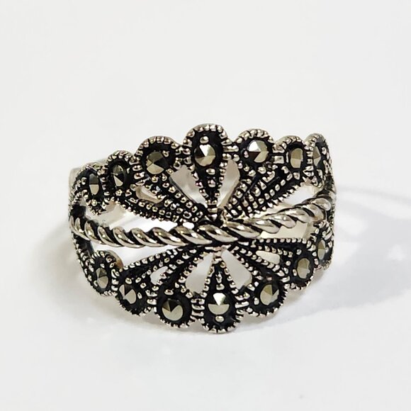 VTG 925 Edwardian Style Marcasite Ring Size 7.5 - Picture 1 of 11